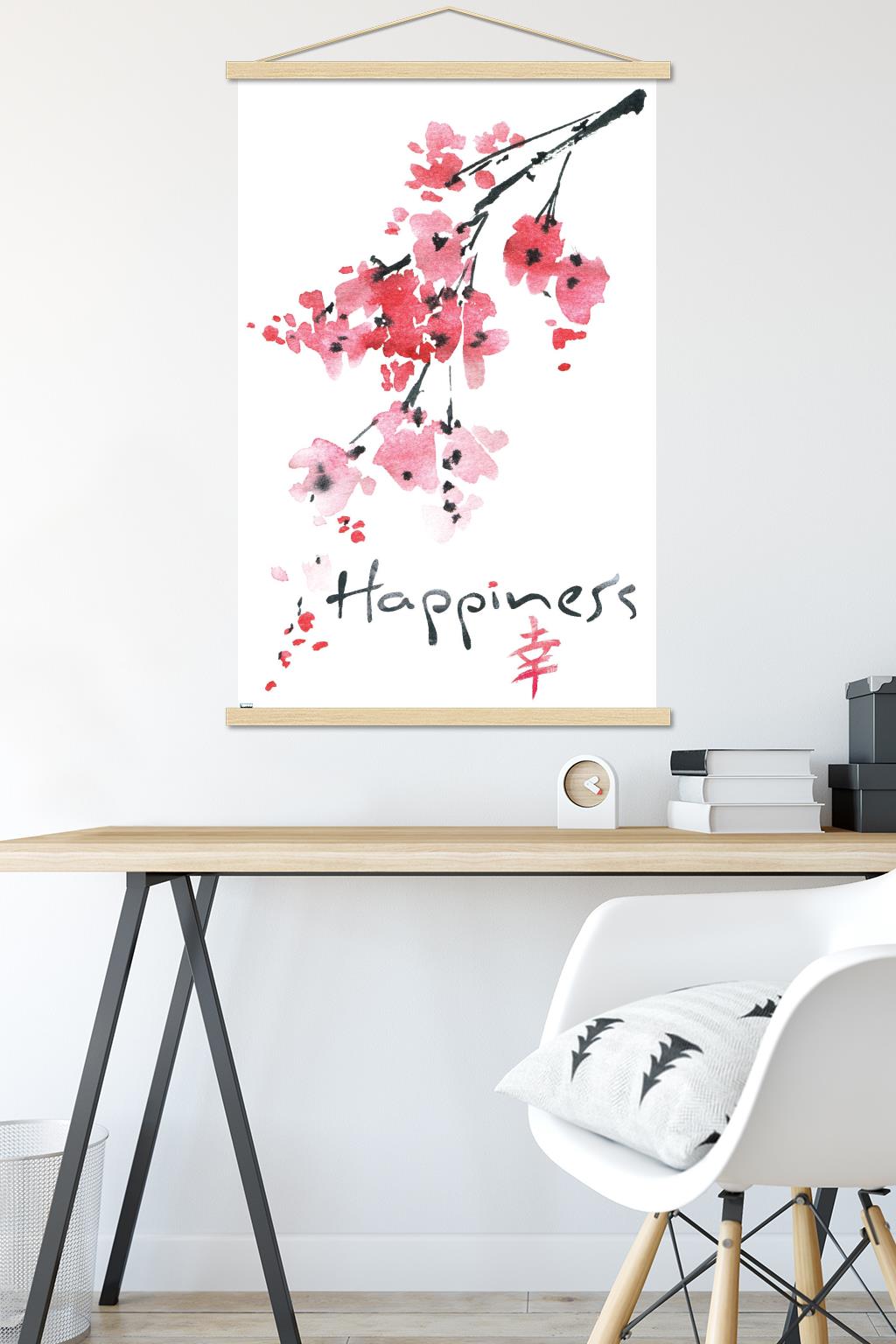 Sakura Tree - Happiness Wall Poster with Wooden Magnetic Frame, 22.375" x 34"