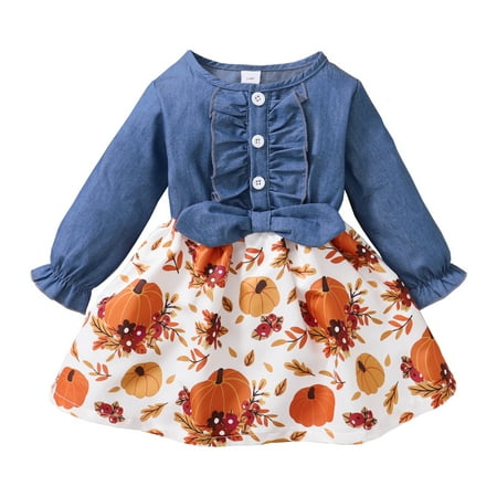 

Kucnuzki 2T Toddler Girls Dress Winter Dress Long Sleeve Dress 3T Toddler Girl Long Sleeve Thanksgiving Day Contrast Pumpkin Prints Denim Dress Blue