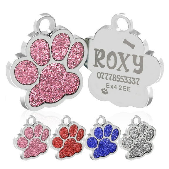 Personalized Dog Tags and Cat Tags, Laser Engraved Pet Name ID Collar Tag, Pet Accessories, Cute Glitter Paw Pet Tag