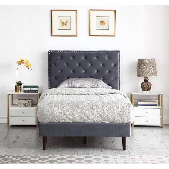 Twin Upholstered Platform Bed Frame with 48" Tall Adjustable Headboard - Button Tufted Suede Bed - Gray - Oliver & Smith - Princeton