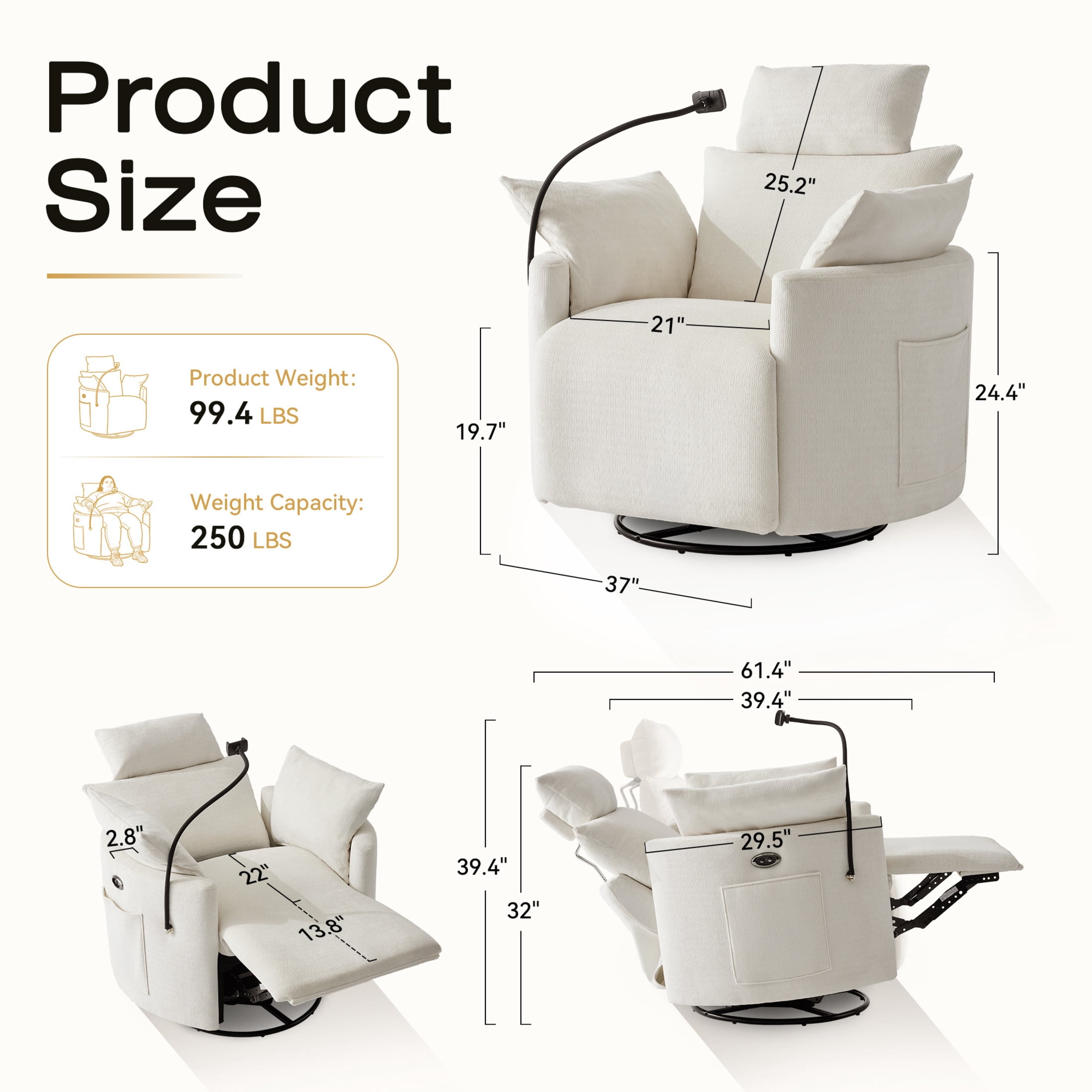 Noble House Sigrid 210° Swivel Rocking Recliner Chair, Electric Power Adjustable Chenille Armchair with USB, White