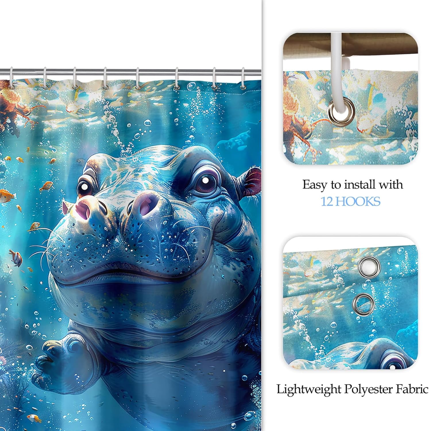 4 Pcs Shark Shower Curtain Set - Shark Bath Curtain, Blue Shark Bathroom Ocean Themed Shower Curtain for Kids Boys Girls, Sea Animal Shower Curtain with Rug, Toilet Cover, Bath Mat with 12 Hooks