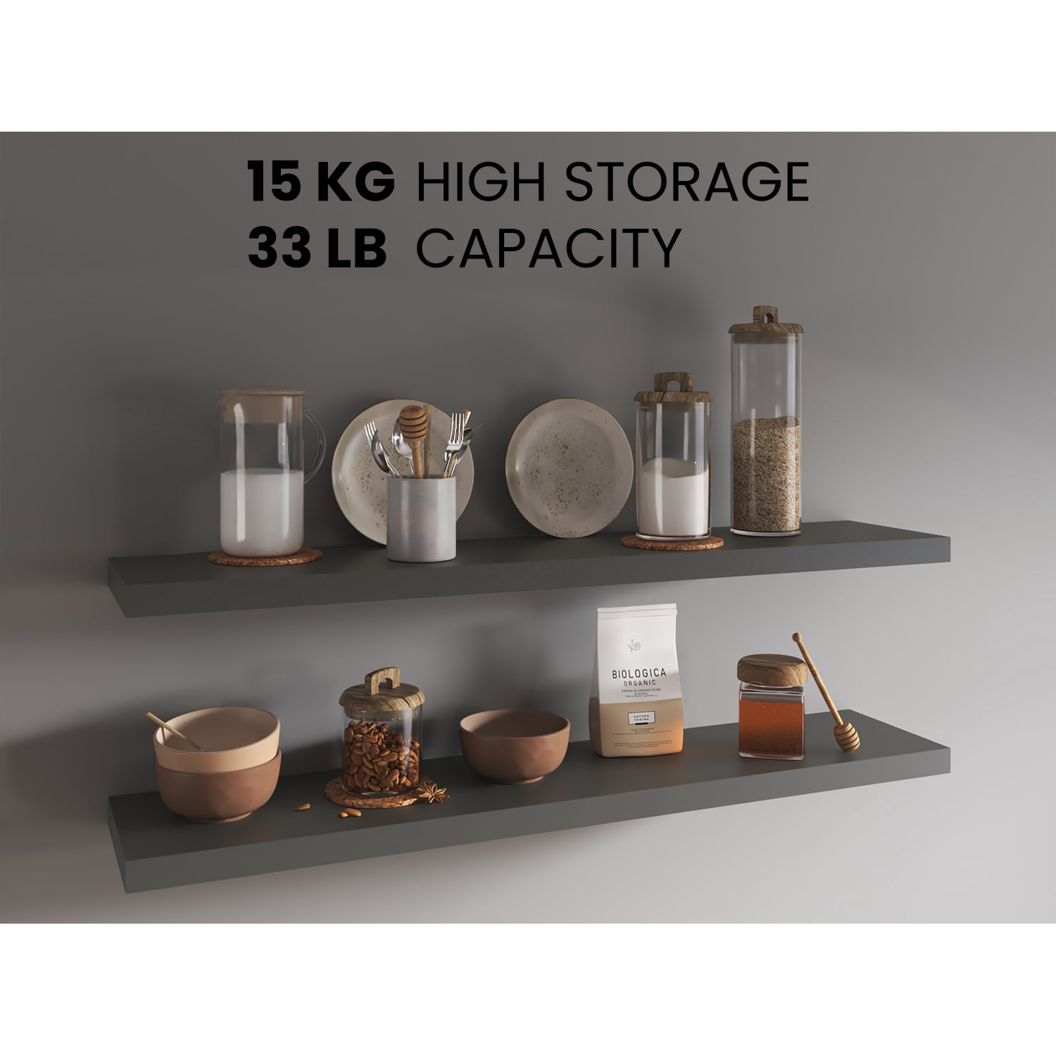 47" Wide Floating Shelves Set of 2, Grey Shelves for Wall Decor and Living Room Storage