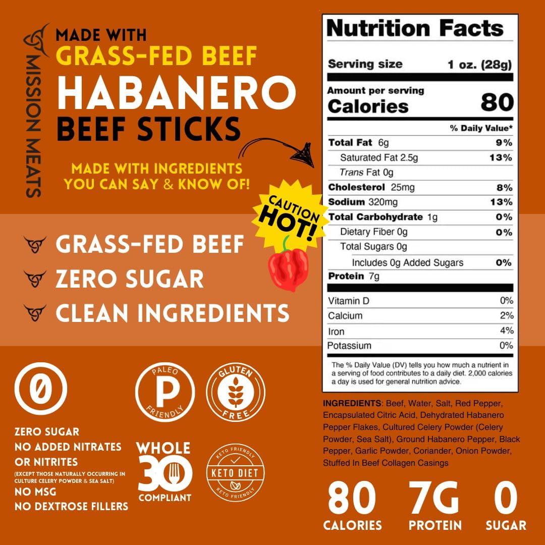 Mission Meats Beef Sticks – 100% Grass Fed & Pasture Raised, Sugar Free, Individually Wrapped Healthy Snacks, Whole 30 & Paleo Friendly, Habanero Smoked 1oz (12ct)