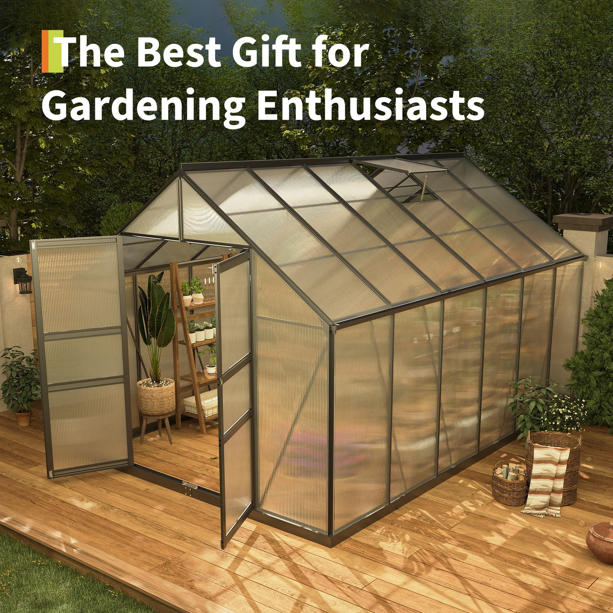 12x8ft Heavy Duty Walk-in Greenhouse, Aluminum Frame & Twin Wall Polycarbonate Panels, Ventilated with Rain Gutter System for Backyard & Patio Gardening