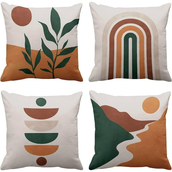 Boho Set of 4 Throw Pillow Covers Mid Century Bohemian Geometric Abstract Modern Decorative Pillow Cases Home Decor Standard Square 18x18 Inches Pillowcases