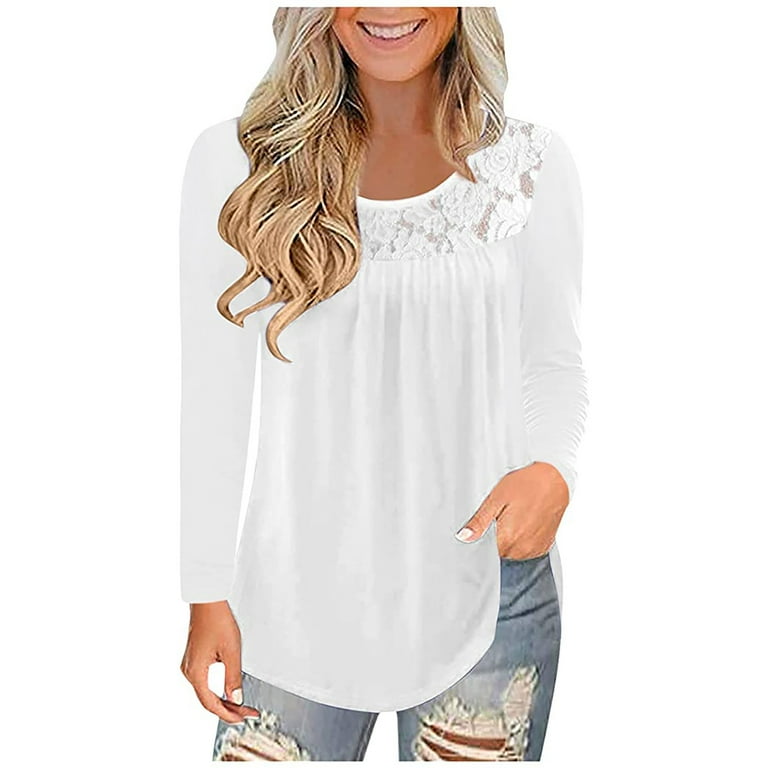 Fashion Womens Long Sleeve Pleated Shirts Tops Casual Round Neck