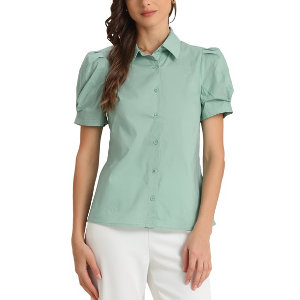 CAMISA DE OFICINA CON BOTONES DE MANGA CORTA PUFF Y CUELLO CAÍDO PARA MUJERES CHIC INSPIRAR TAMAÑO XS VERDE
