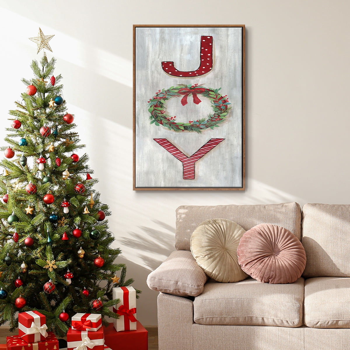 Joy - Framed Gallery Wrapped Holiday Canvas - 25 x 37 - Rosewood Frame