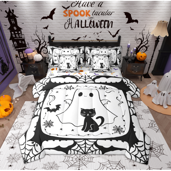 Feelyou Funny Halloween Ghost Bedding Comforter Set 7-Piece, Gothic Spider Web King Bedding Sets, Teens Boys Girls Kids Reversible Bed Sheets, Breathable Home Decor