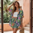 thumbnail image 3 of FKEKYI Tropical Leaf Hibiscus Flower Print Women's Short Set 2 Piece Summer Outfits Open Front Shirt Top & Shorts with Elastic Waist Beachwear Causal Lounge Set Resort Wear, M, 3 of 7