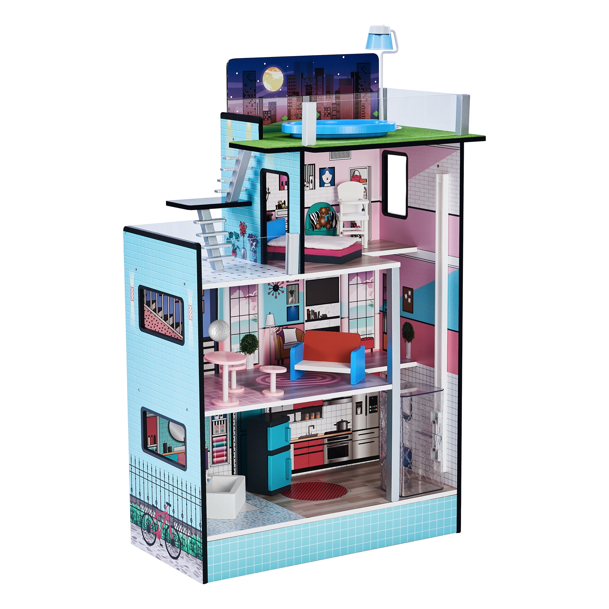 Teamson Kids Dreamland Barcelona Dollhouse with 10 Accessories, Turquoise/Black - Walmart.com
