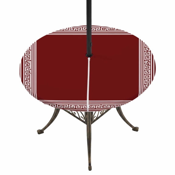 Dark Red Geometric Round Outdoor Tablecloth with Umbrella Hole, White Greek Key Design Abstract Modern Art Elastic Fitted Table Cover, Waterproof Table Cloth for Patio Picnic Party Fits 31"-35"