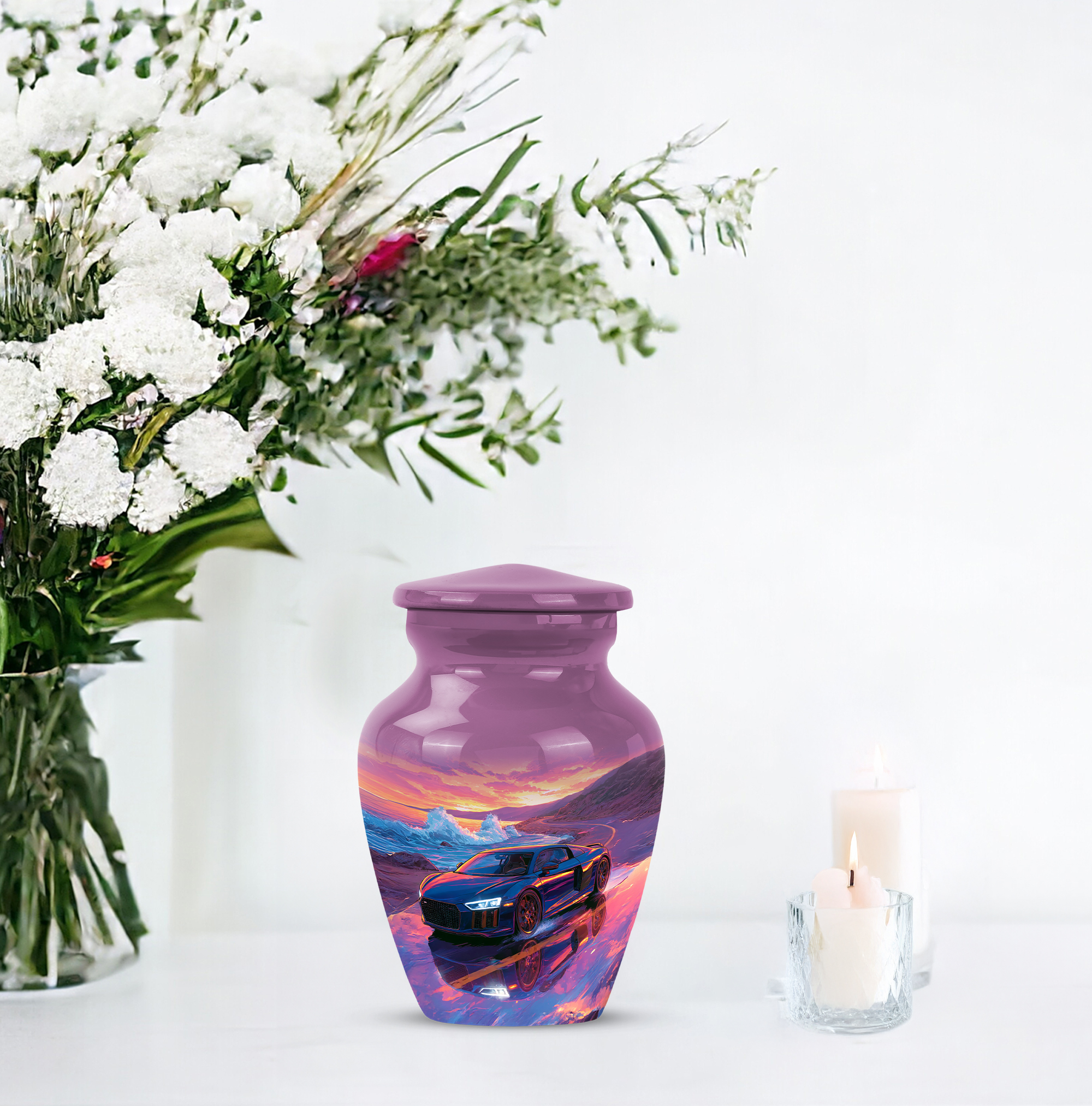 Supercar Tribute Keepsake Urns Set Of 4, Mini Urns For Ashes Adult Male, Small Cremation Urn For Human Ashes, Sports Car Coastal Sunset Memorial Urn,(Size, 3 Inch, 4 Pcs)