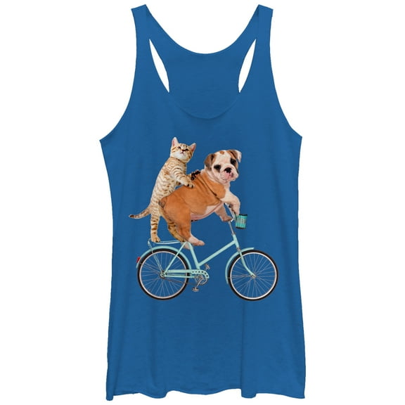 Women's Lost Gods Kitten Puppy Bicycle  Racerback Tank Top Royal Blue Heather X Large