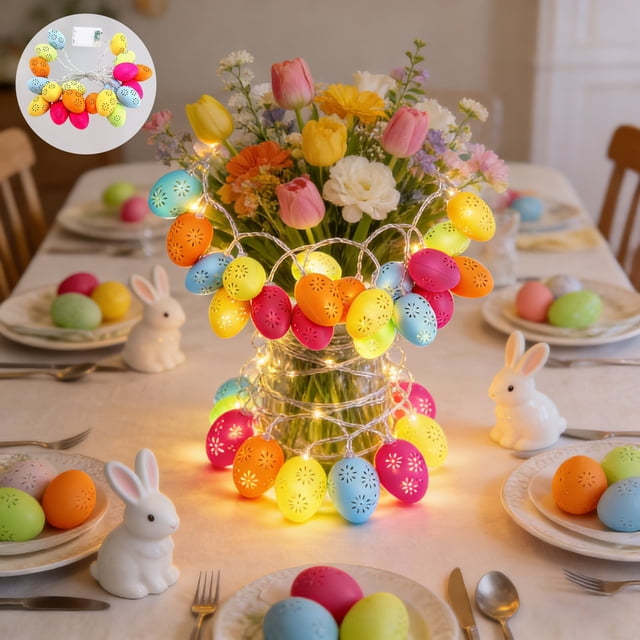 Birdeem Easter Egg String Lights, Hollowed-Out Design, Multicolor LED, 20 Lights on 10 Ft Wire, for Party Decoration