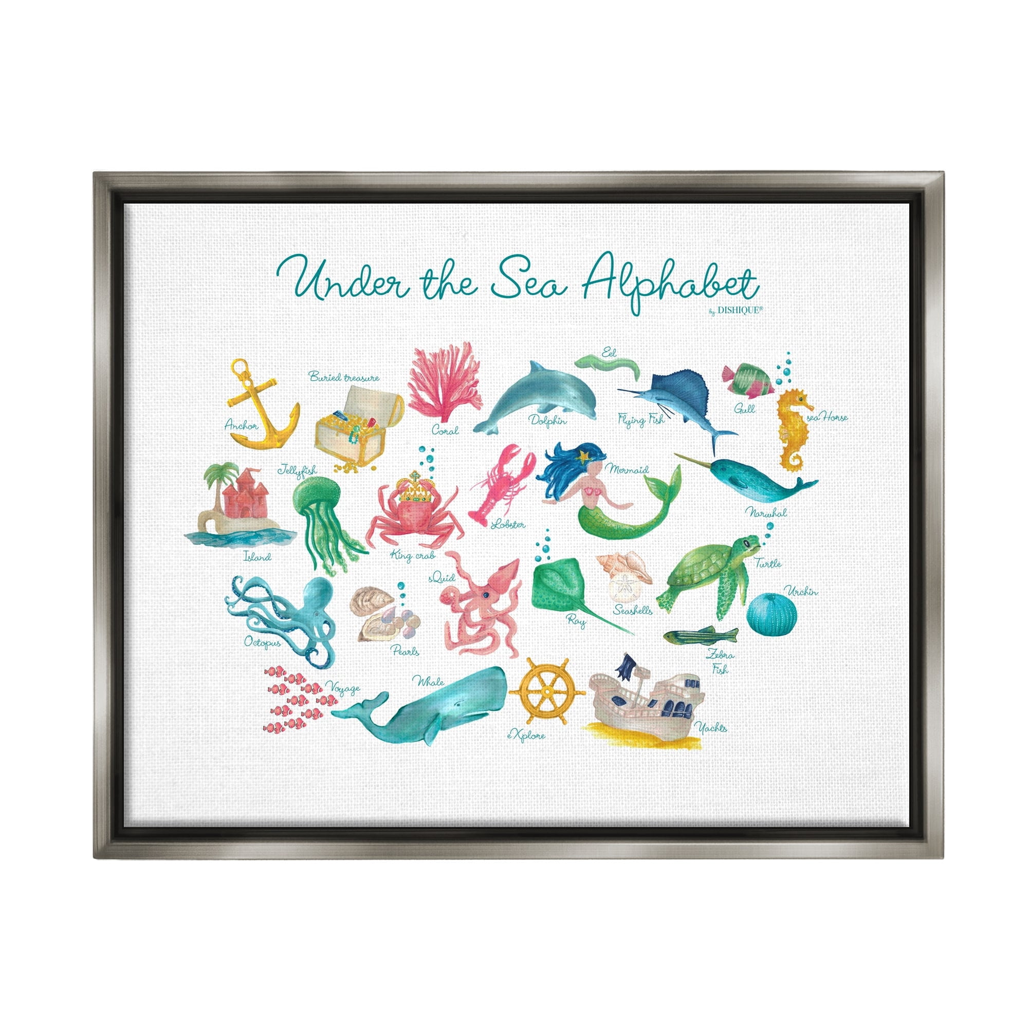 Stupell Industries Under the Sea Educational Alphabet Sea Life Learning Graphic Art Luster Gray Floating Framed Canvas Print Wall Art, Design by Dishique