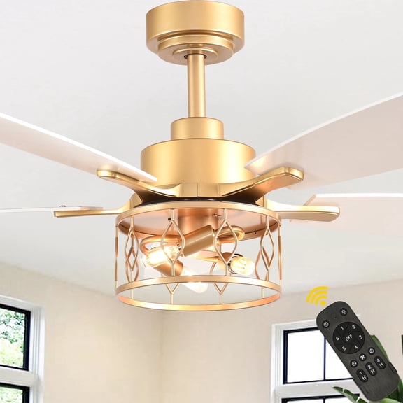 Bella Depot 52" Industrial Gold Caged Ceiling Fan with Light and Remote 6-Speed Reversible Fan Light