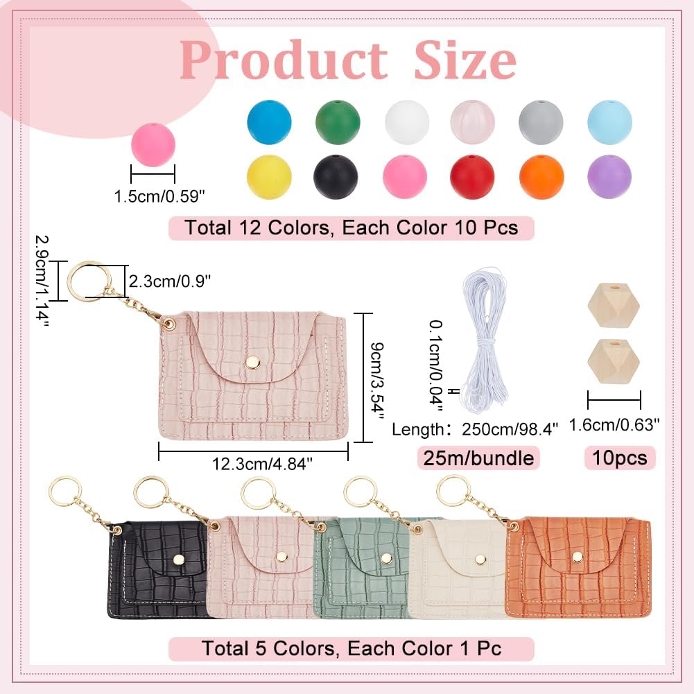 Silicone Beads for Keychain Making Kit 130pcs 13 Colors Beads with 5 PU Leather Card Holders 15/16mm Rubber Beads Set for Handicraft Rubber Keychain Bracelet Lanyard Making Mixed Color 2 Colorful DIY
