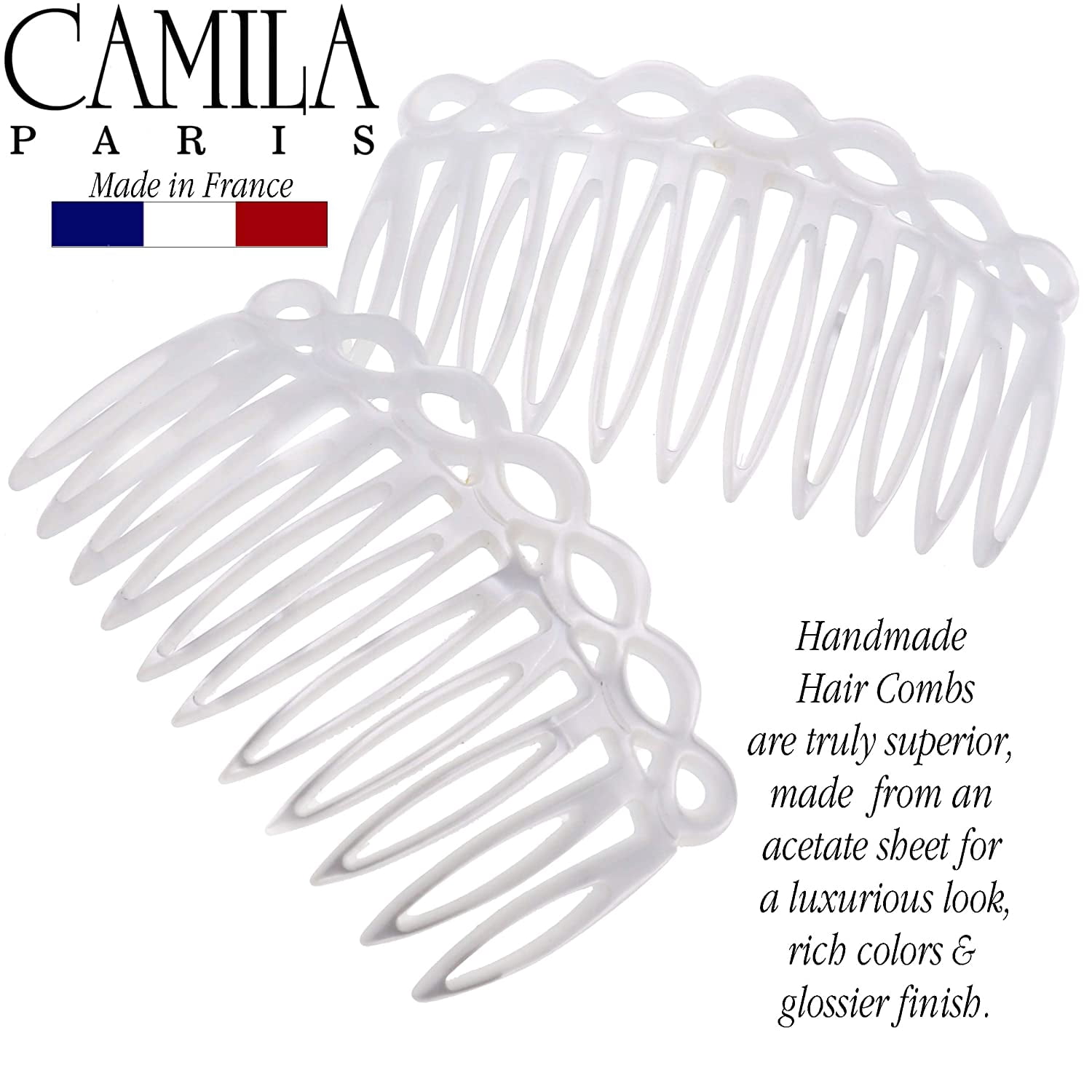 Camila Paris CP3142 French Hair Side Comb Small Handmade White French Twist Hair Combs Decorative, Strong Hold Hair Clips for Women Bun Chignon Up-Do Styling Girls Hair Accessories, Made in France