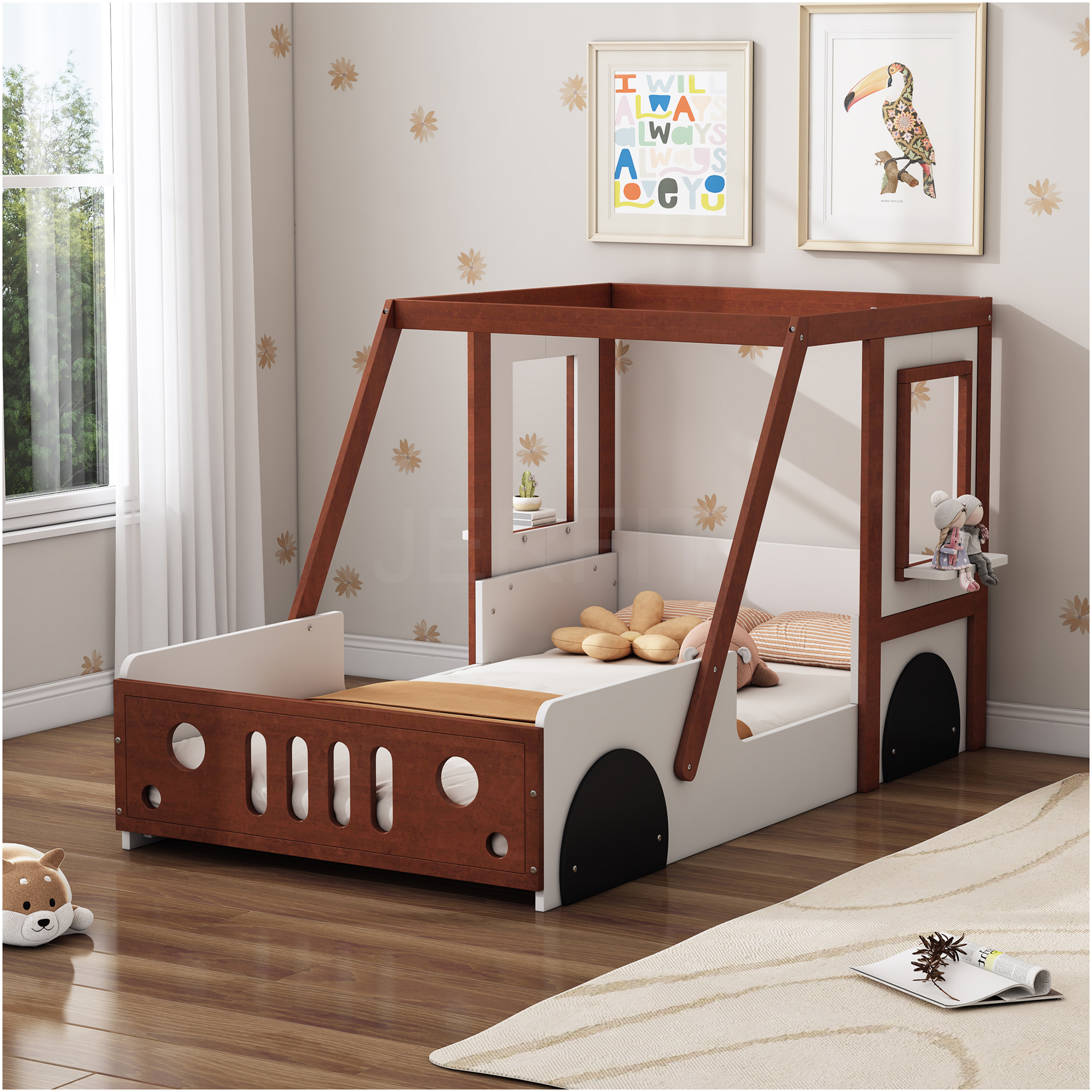 JERFIT Race Car Twin Bed with Storage, Orange White Wood Platform Bed Frame for Boys Girls Teens