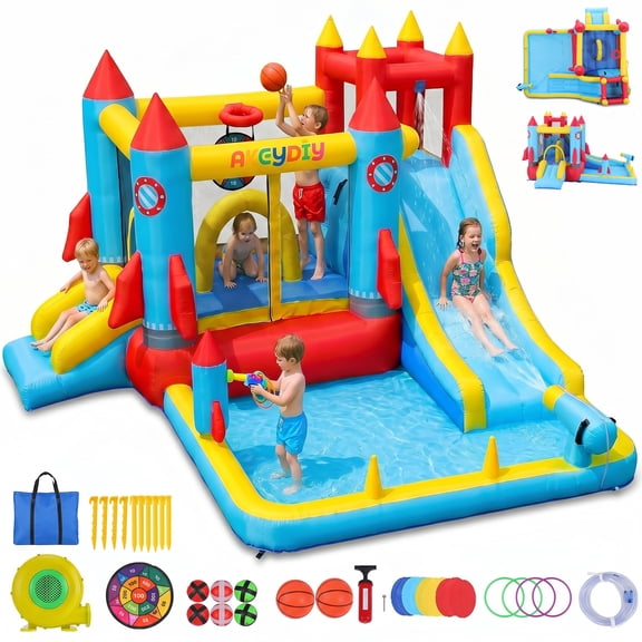 Veeboto Water Slide with Blower, Bounce House with Climbing Wall, Pool, Rocket Punching Bag, Obstacle Arch and Basketball Hoop, 10-in-1 Indoor/Outdoor Bouncy Castle for both Dry and Wet, Durable PVC
