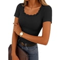 thumbnail image 2 of Women's Short Sleeve Lace Trim Ribbed Top Casual Basic Tee Spring Trendy, 2 of 9