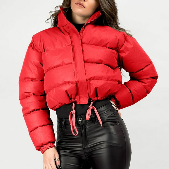 Cadancy Cropped Jacket Women Puffer Long Sleeve Zip Up Stand Collar Quilted Jackets Drawstring Hem Y2K Fashion Streetwear Puffy Casual Loose Down Coats 2025