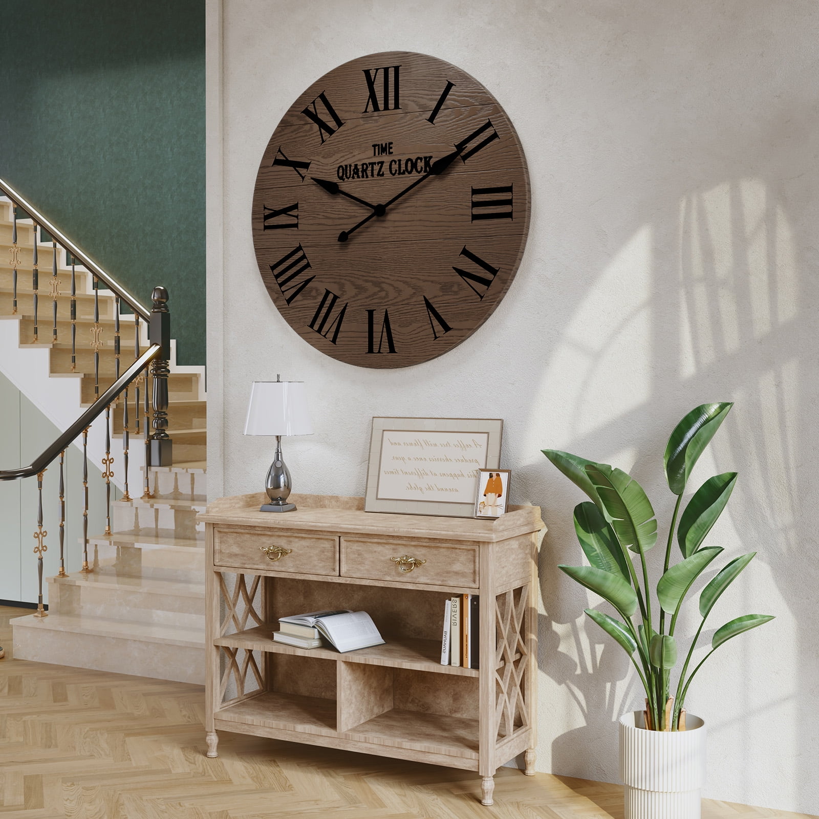 HLR 35.5” Farmhouse Large Shiplap Round Wall Clock with Roman Numeral for Living Room Decor, Brown