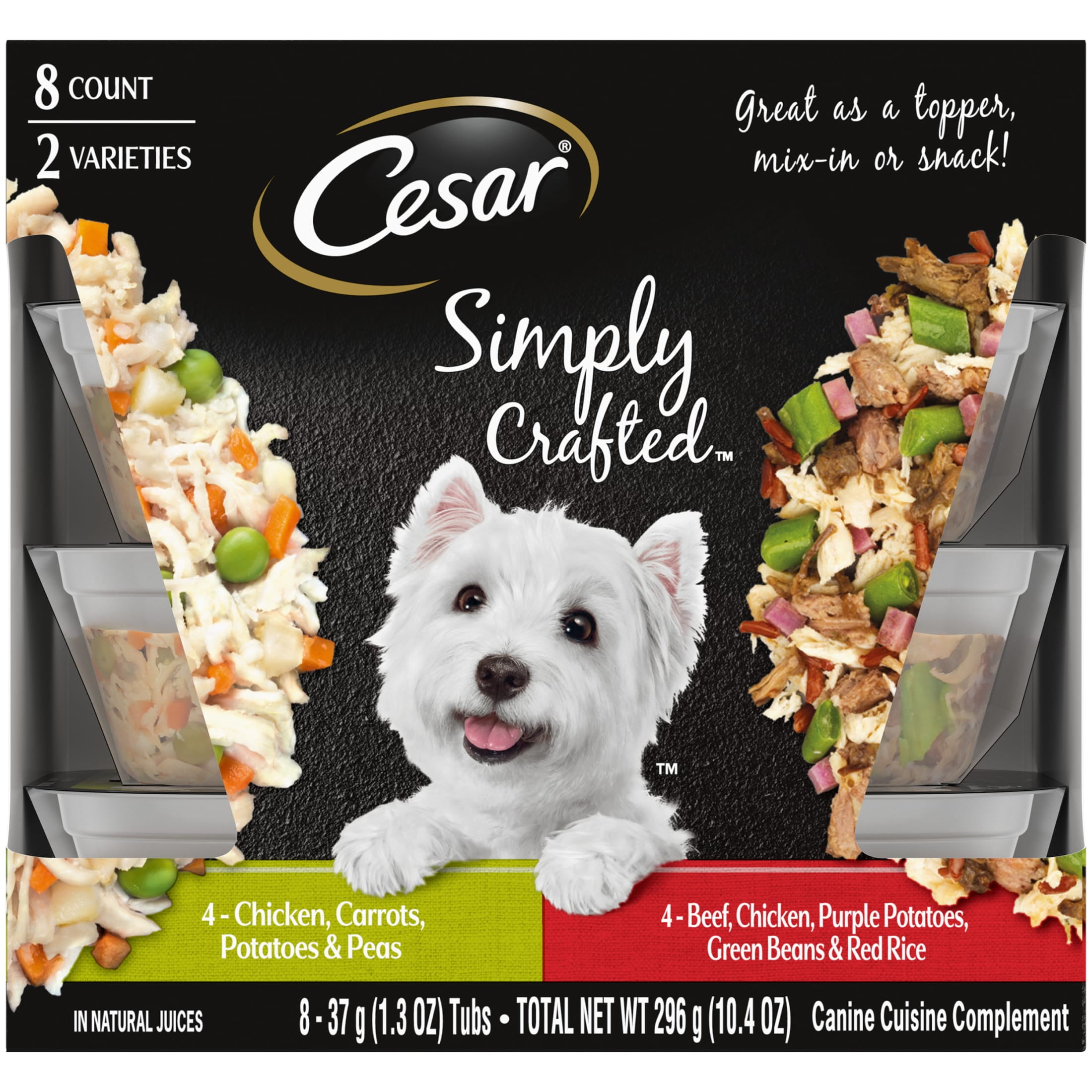 (4 pack) Cesar Simply Crafted Chicken And Beef Recipes Variety Pack Dog Food Toppers, 1.3 Oz Tubs (8 Ct)