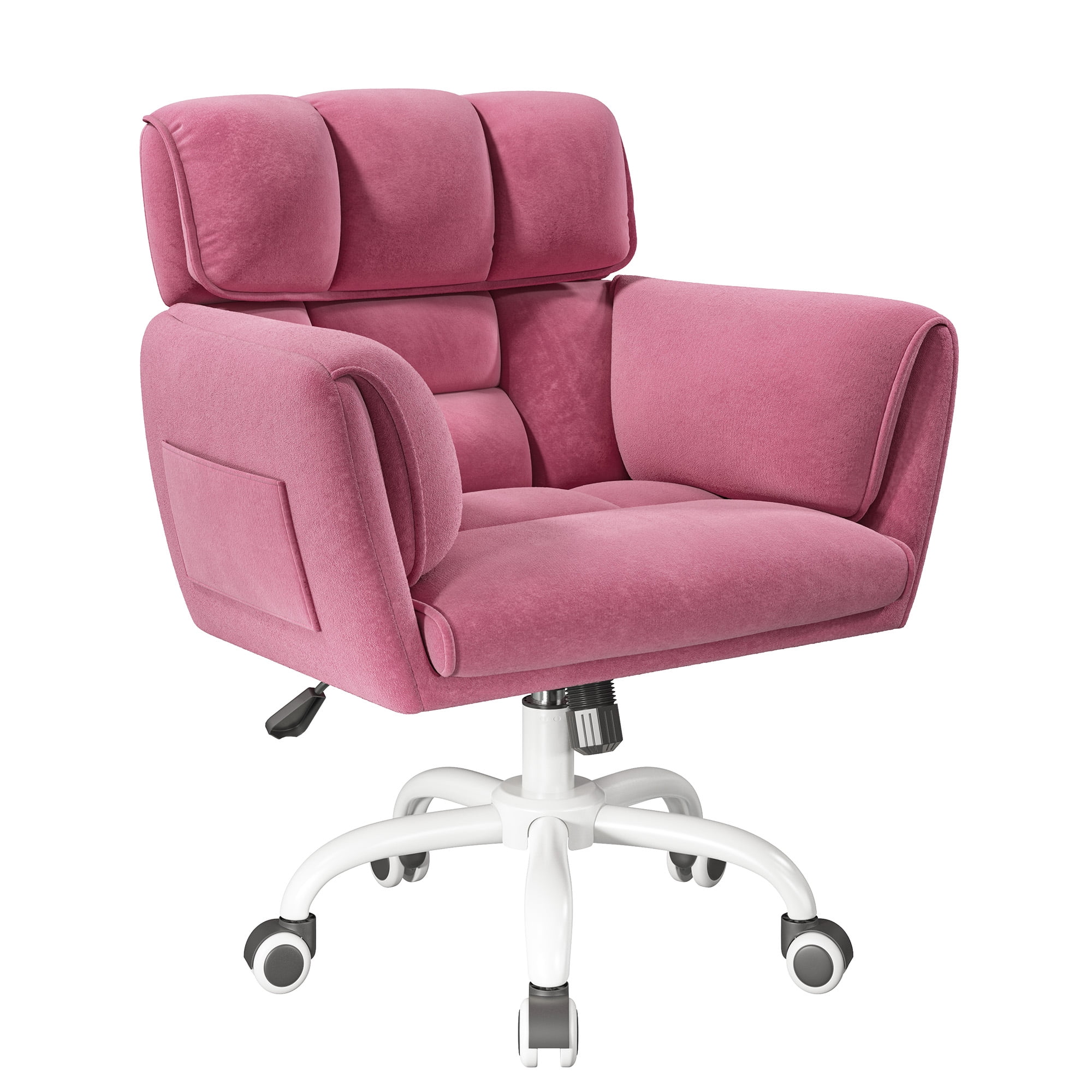 Romorgniz Adjustable Office Chair with Wheels, Soft-Touch Upholstered Desk Chair with Side Pockets, Ergonomic Vanity Chair for Bedroom, Home Office, Pink