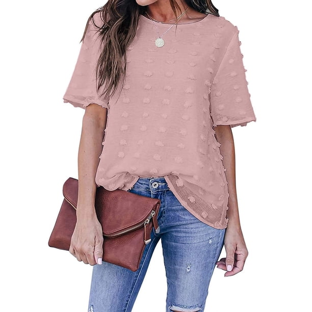 Puntoco - Blusa de manga corta con cuello redondo para mujer, blusa de gasa con lunares Puntoco Puntoco-5663