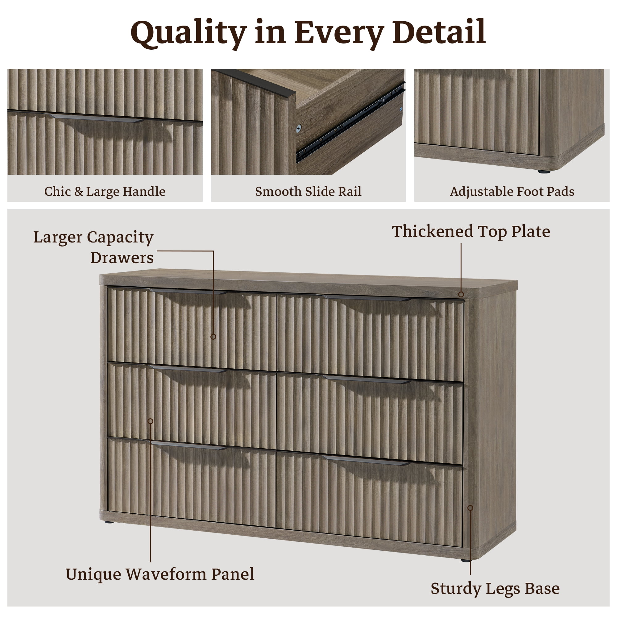 SICOTAS 53.5" Wide 6 Drawer Dresser for Bedroom Set of 2, Farmhouse Chest of Drawers with Black Handles, Fluted Wood Storage Cabinet for Living Room, Grey Alder