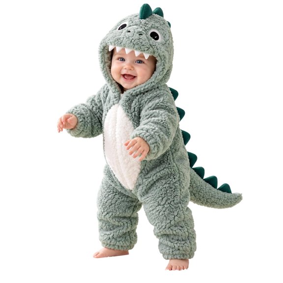 LIIPEE Baby Cartoon Dinosaur Zip Up Jumpsuit Boys Girls Fall Winter Long Sleeve Fuzzy Hooded Romper