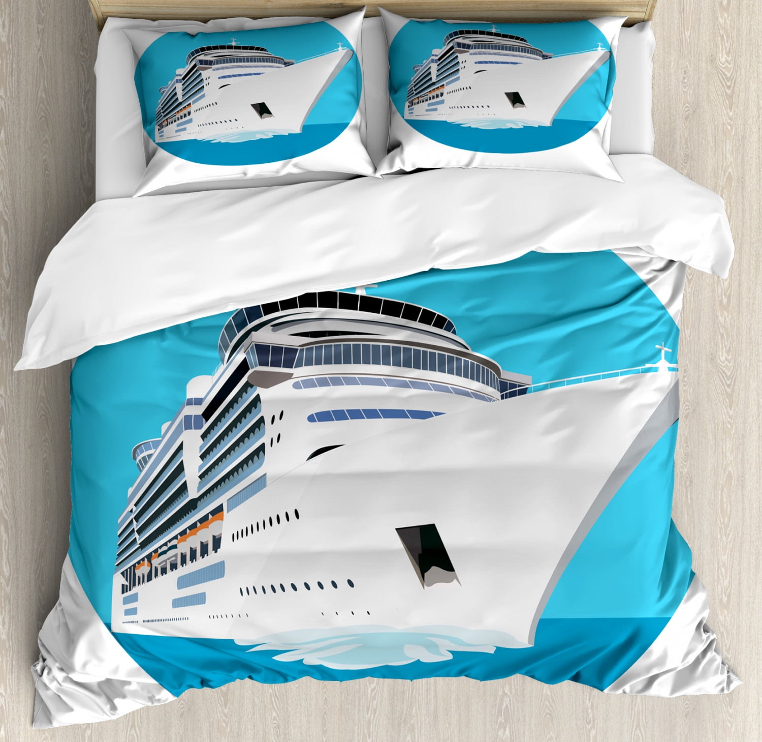 Cruise Ship Duvet Cover Set, Large Touristic Passenger Ship in the Sea