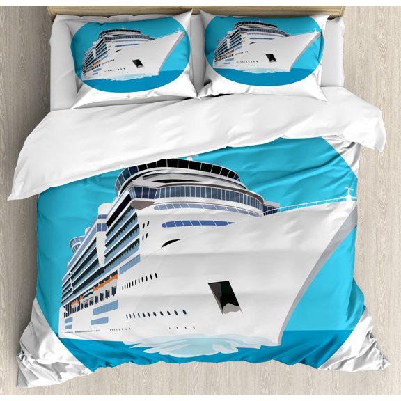 Cruise Ship Duvet Cover Set King Size, Large Touristic Passenger Ship in the Sea Journey Sailing Summer, Decorative 3 Piece Bedding Set with 2 Pillow Shams, Blue Pale Blue and White, by Ambesonne