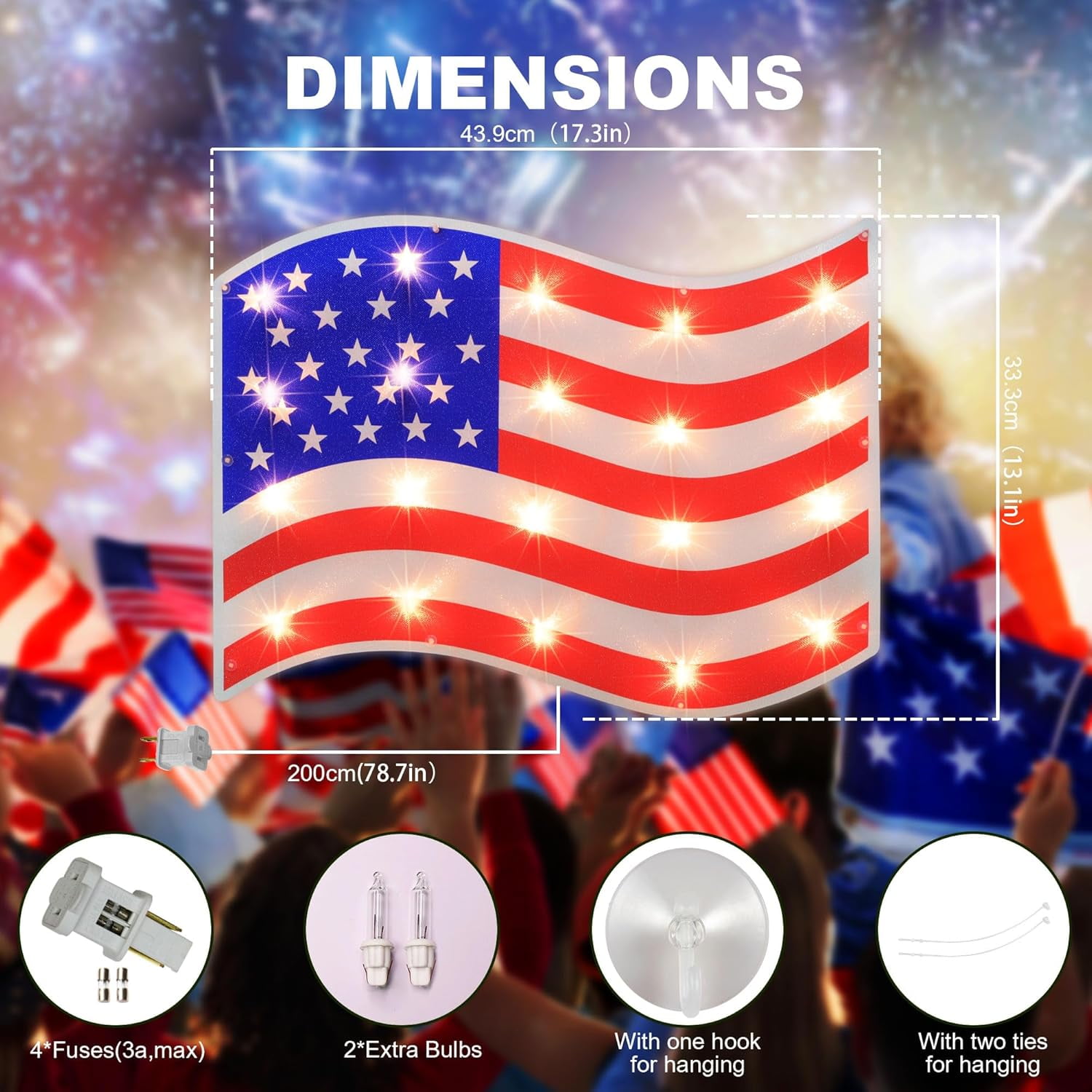 17.3'' Lighted Holographic American Flag Window Silhouette Decoration, 17 Inches, Red, White and Blue - Patriotic Decor