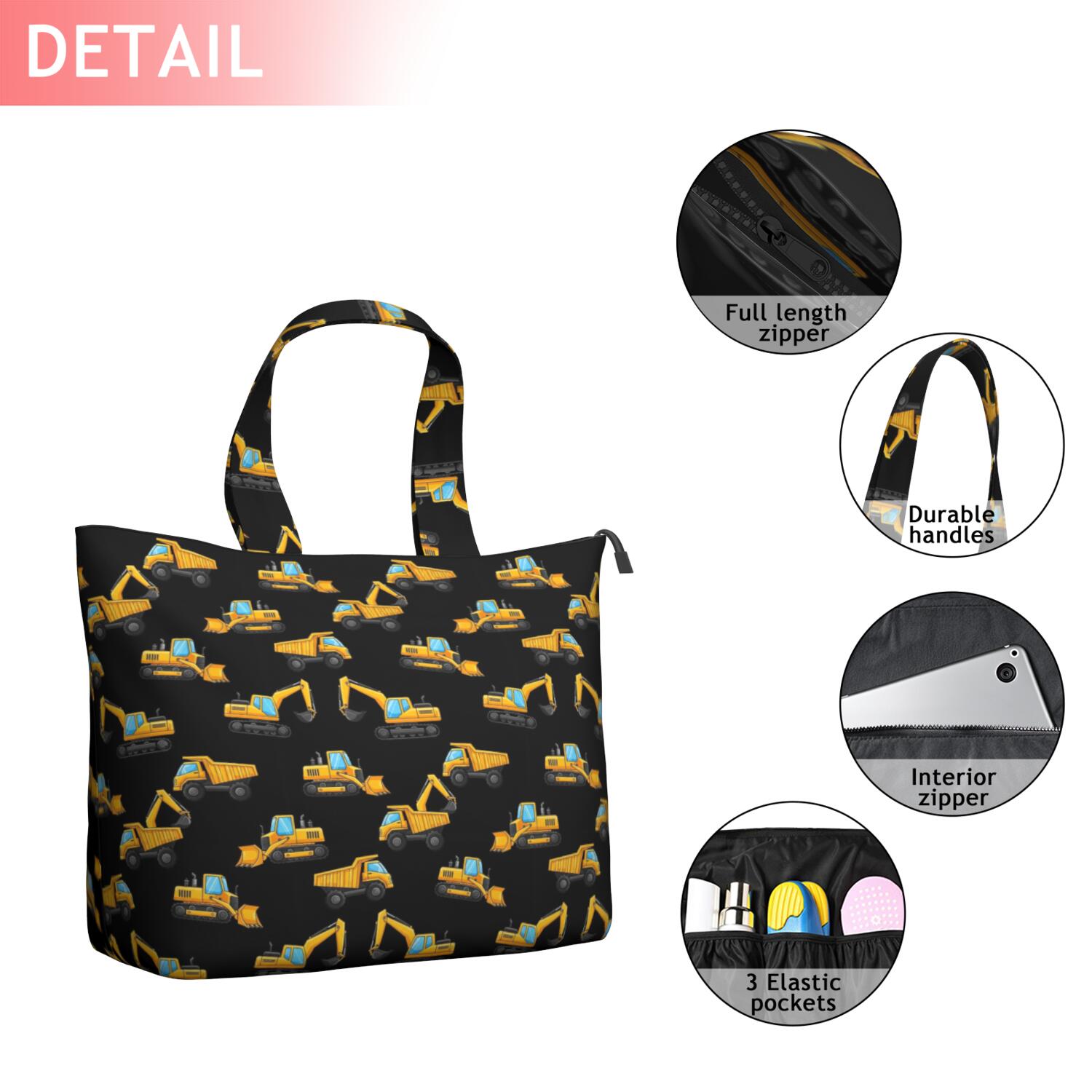 Cartoon Construction Vehicles Trucks Black Pattern Travel Tote Bags for Women Carry On,Large Weekender Bags for Women Travel,Multi Functional Duffle Bag for Work,Shopping,Sports