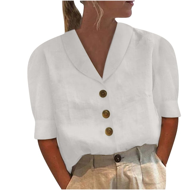 Blusa con botones sueltos de color sólido con cuello en V informal de manga media para mujer OAVQHLG3B Store lin121212