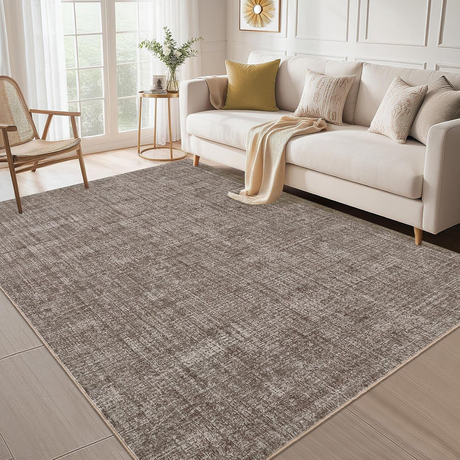Memoryfield 8' x 10' Washable Area Rug, Stain-Resistant Low Pile Non Slip Carpet, Floor Mat for Living Room Bedroom Home Office, Brown