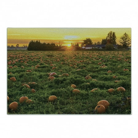 

Autumn Pumpkin Cutting Board Agriculture Themed Photo of Fall Seasonal Fruit Patch at Sunset Time Decorative Tempered Glass Cutting and Serving Board in 3 Sizes by Ambesonne