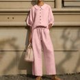 thumbnail image 2 of UDAUDU Women's Summer Linen Set Button Down Puff Sleeve Shirt And Drawstring Pants Two Piece Outfit Pink S, 2 of 5