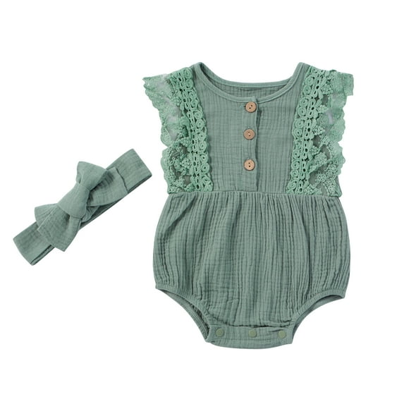 Qiylii Baby Girls 2-piece Romper Sleeveless Lace Floral Bodysuit+Headband