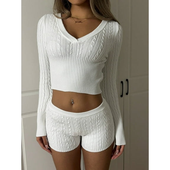 Women’s 2-Piece Cable Knit Sweater Set – Cropped Hooded Pullover & Matching Bottoms, Cozy Viscose Blend Knit Lounge Set for Fall