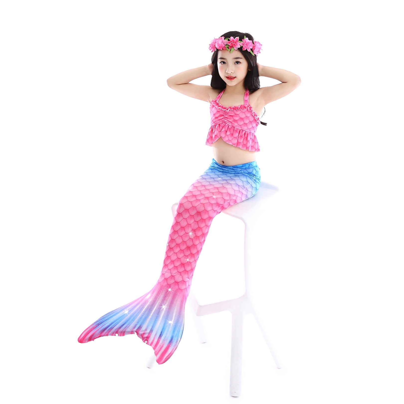 2026 Girls Swimming Mermaid Tail 4 Pcs Sets Kids Mermaid Swimwear