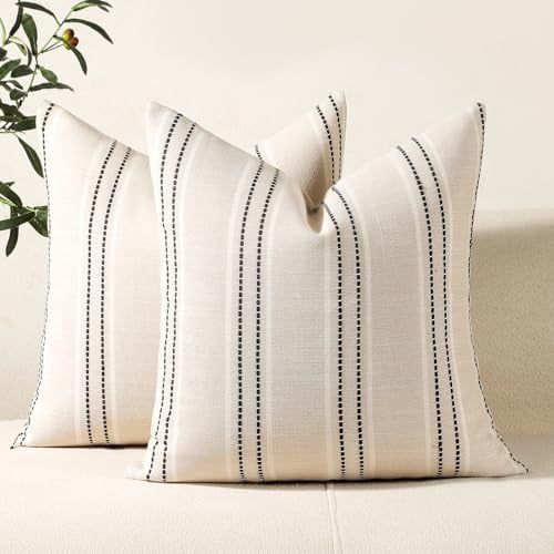 Throw Pillow Covers 16x16 Set of 2 Striped Pillow Covers Textured Linen Decorative Pillows Square Cushion Covers for Sofa Couch Bed Living Room Farmhouse Decor, Black