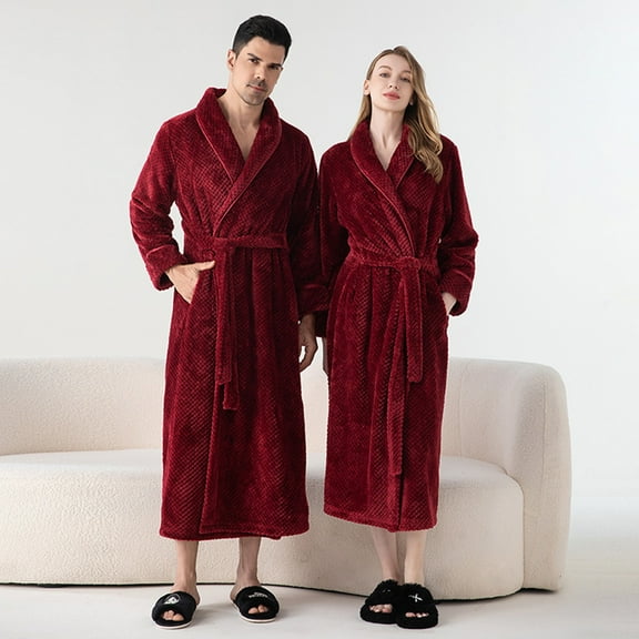Fluffy Robe for Couples Pajamas Soft Fleece Bathrobe Women Men Winter Warm Thicken Terry Cloth Robes Sleepwear, Wine, M