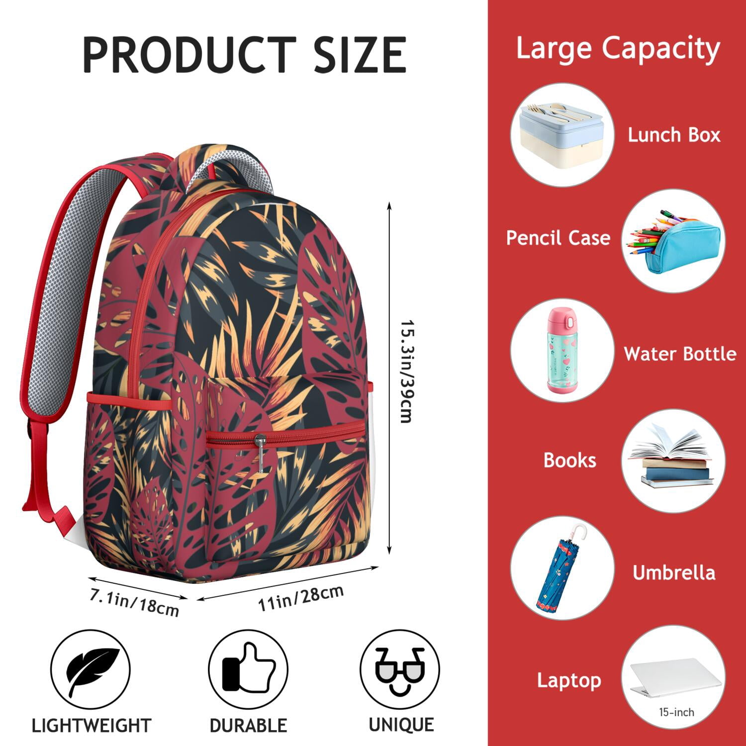 Jungle Leaves Waterproof Backpack for Teens, Ergonomic Design with Adjustable S-Shaped Shoulder Straps & Padded Back Panel