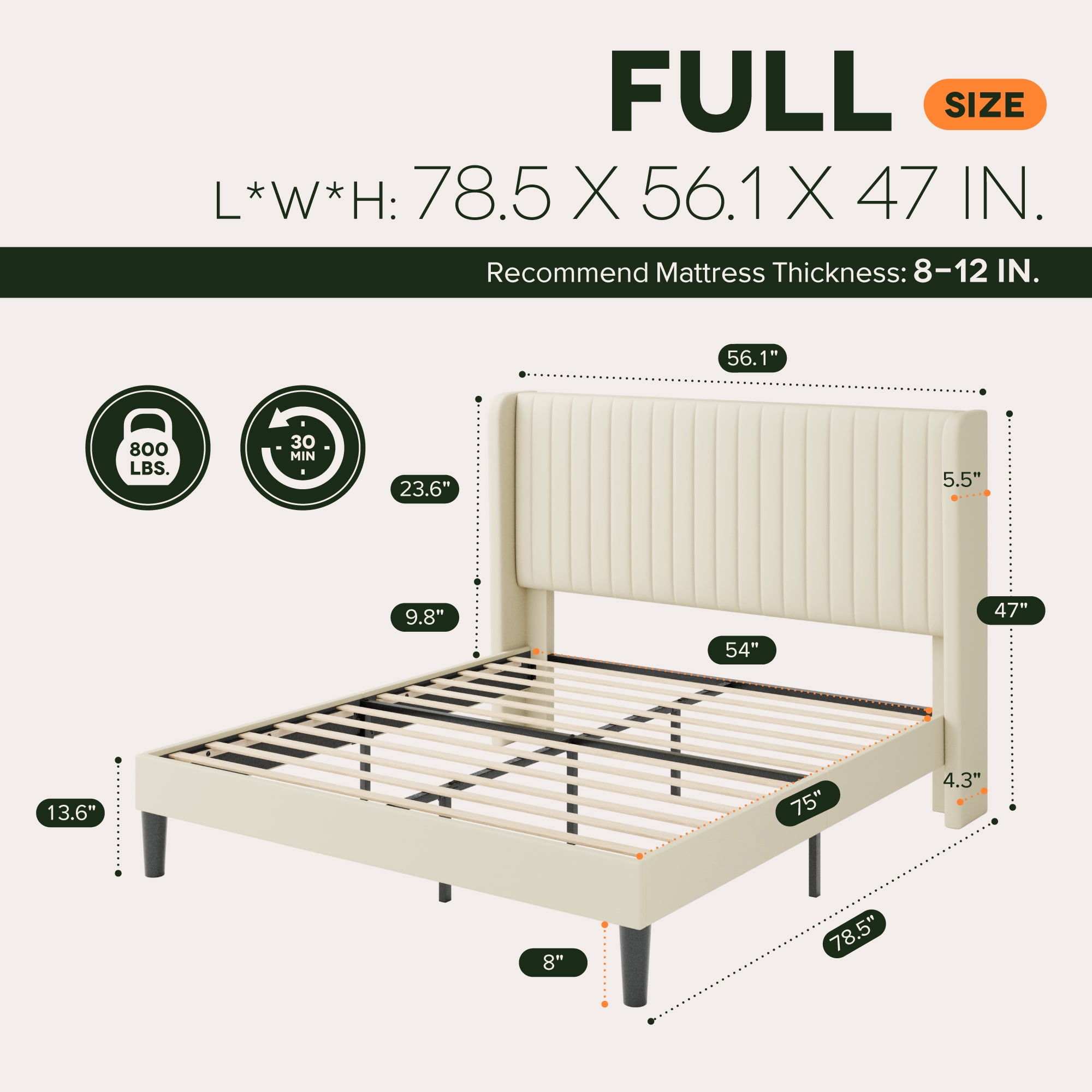 Einfach Full Bed Frame, Upholstered Platform Bed with Wingback Headboard, No Box Spring Required, Cream White