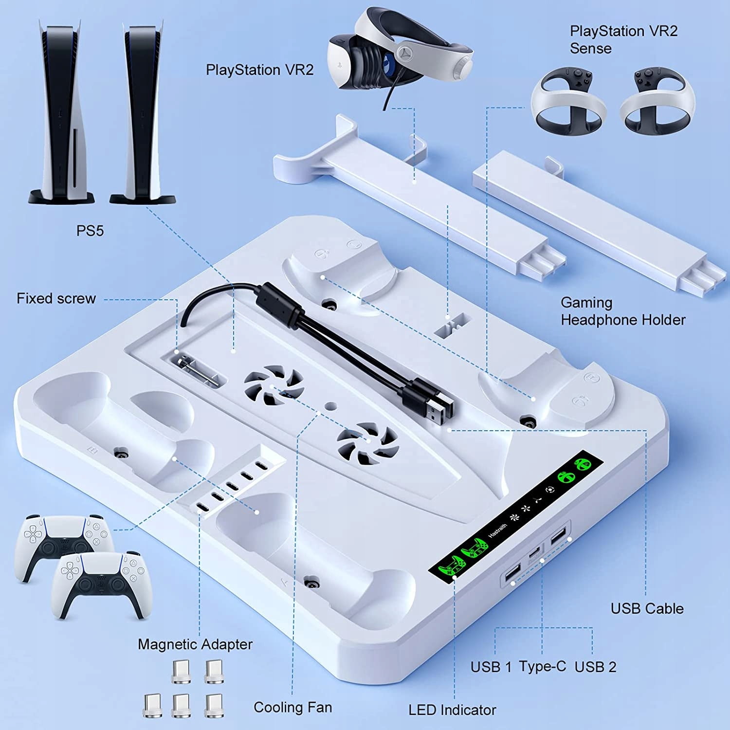GAEKOL Charging Dock With Cooling Fan Funtion For Playstation 5+PS VR2 Controller Charging Station With Indicator Light For PS5 Dualsense & Organise Stand For PS VR2